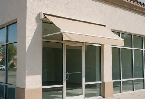 Extended beige retractable awning covering a storefront entrance with stucco walls and glass windows under bright sunlight.