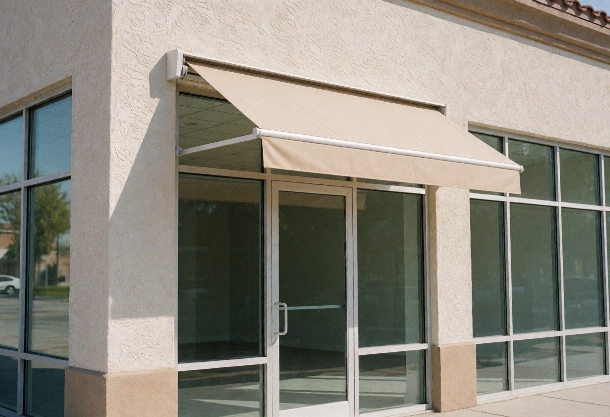 Extended beige retractable awning covering a storefront entrance with stucco walls and glass windows under bright sunlight.