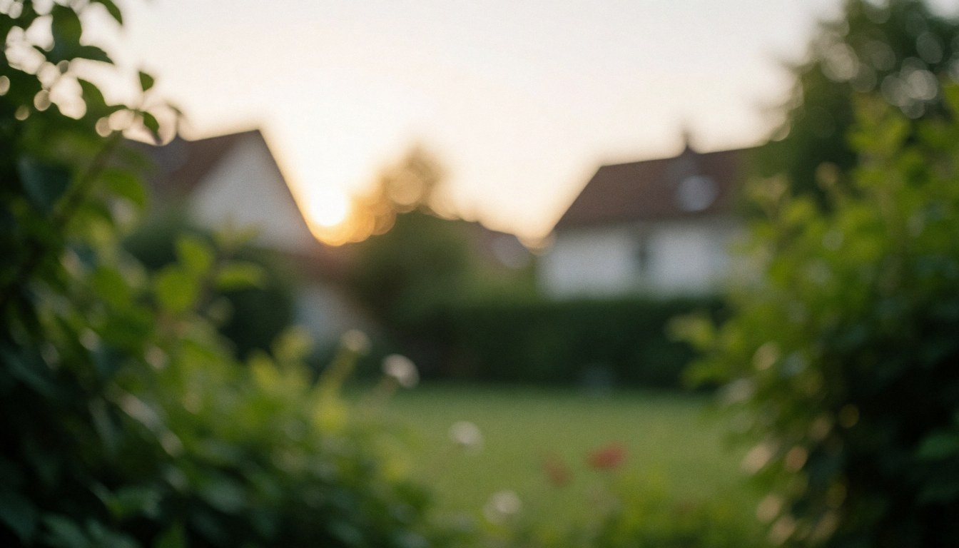 Blurred residential garden background with grass, green shrubs, and houses at sunset, illuminated with warm soft light, ideal for overlaying text on tennis court installation services.