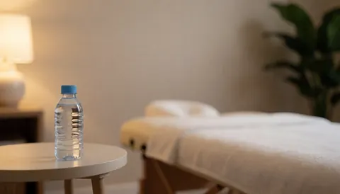 Water bottle on side table beside massage table with towels, plant, and lamp in warm relaxing setting