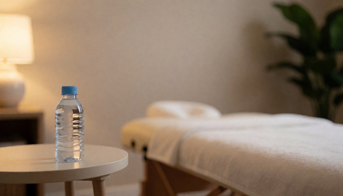 Water bottle on side table beside massage table with towels, plant, and lamp in warm relaxing setting
