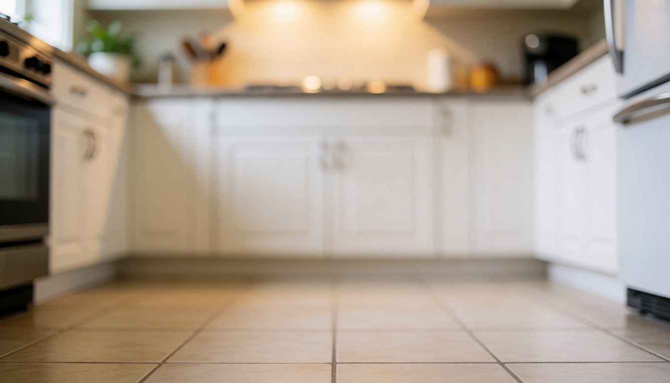 White kitchen cabinets and tiled floor background with warm lighting, suitable for text or commercial logos.