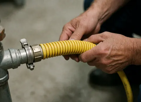 Close-up of hands securing a yellow flexible gas hose to a metal pipe with a clamp against a blurred concrete background.