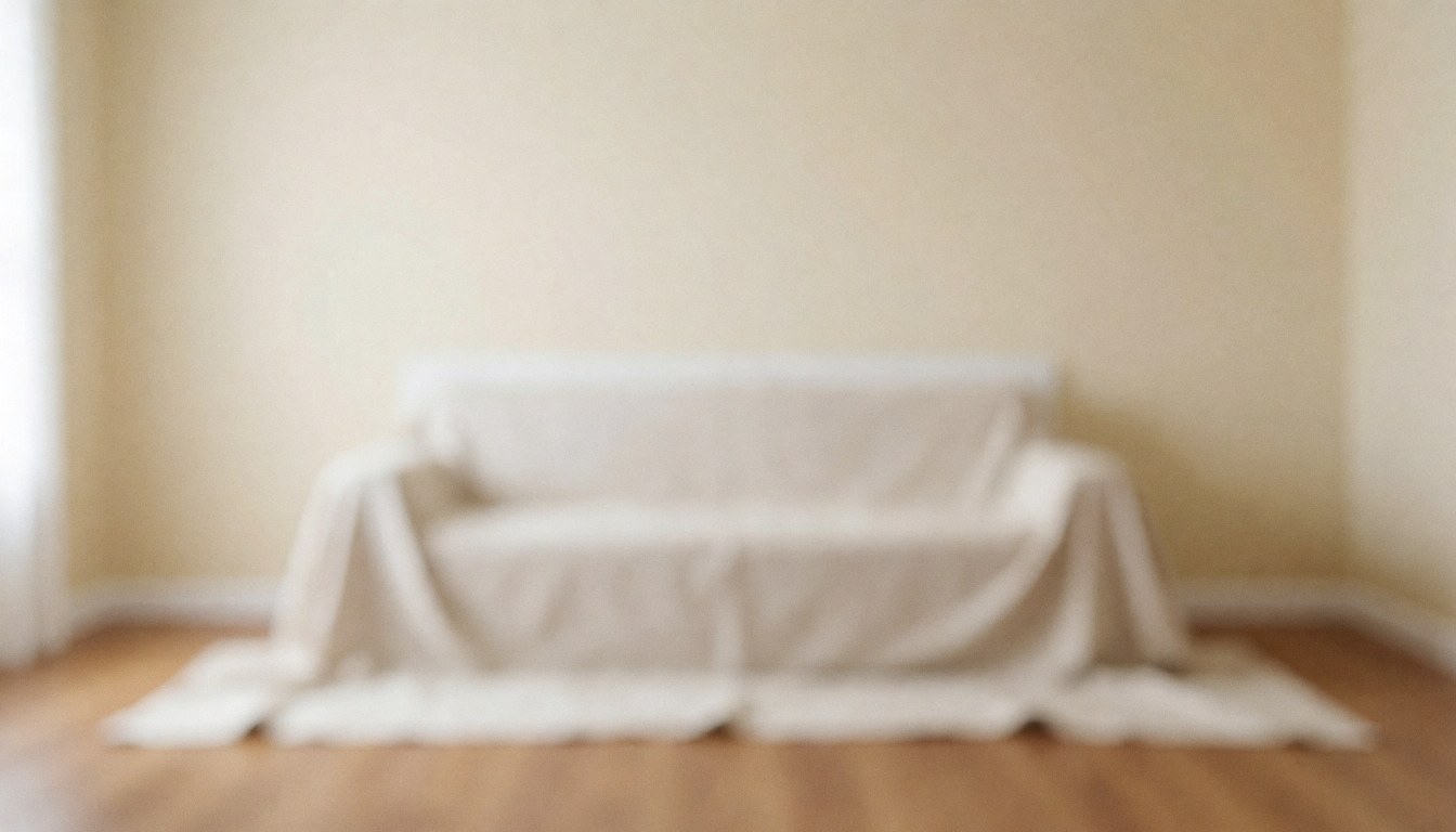 Living room background with a sofa covered in white fabric, beige walls, and wooden floor, ideal for text and design
