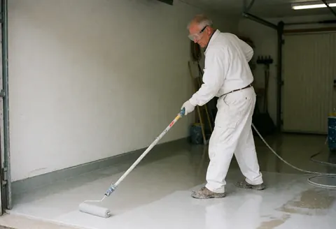 A painter in white uniform and safety glasses applies glossy resin to a garage floor using a long roller, with tools visible in the background.