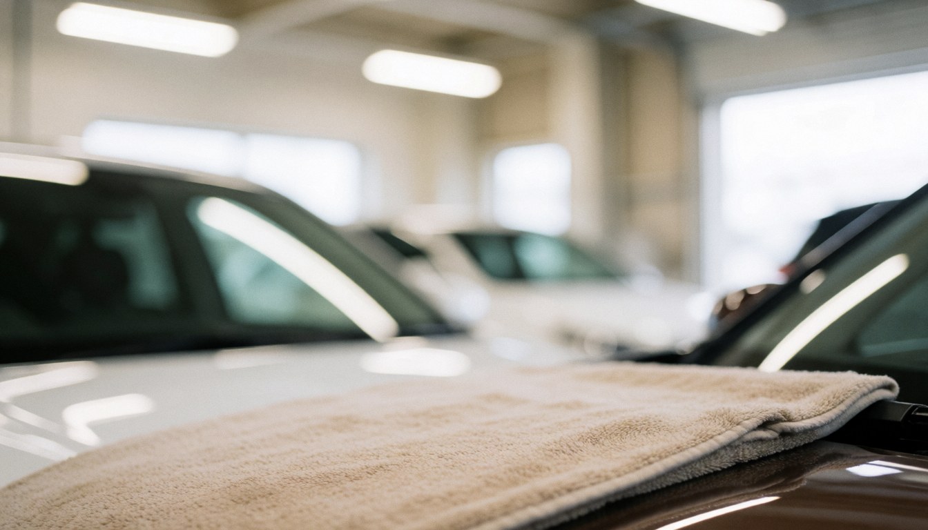 Microfiber drying towel placed on a car hood in a car wash setting with blurred cars and bright lights in the background.