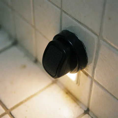 Close-up of a black emergency alarm button mounted on a tiled bathroom wall with warm lighting, suitable for security alarm repair services.