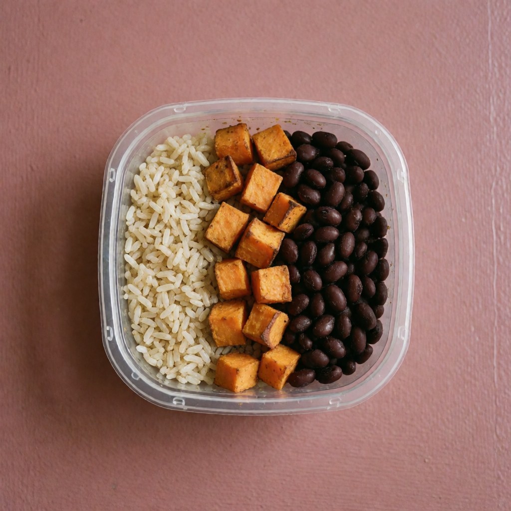 Top view of a healthy food container filled with rice sweet potato and beans on a pink background