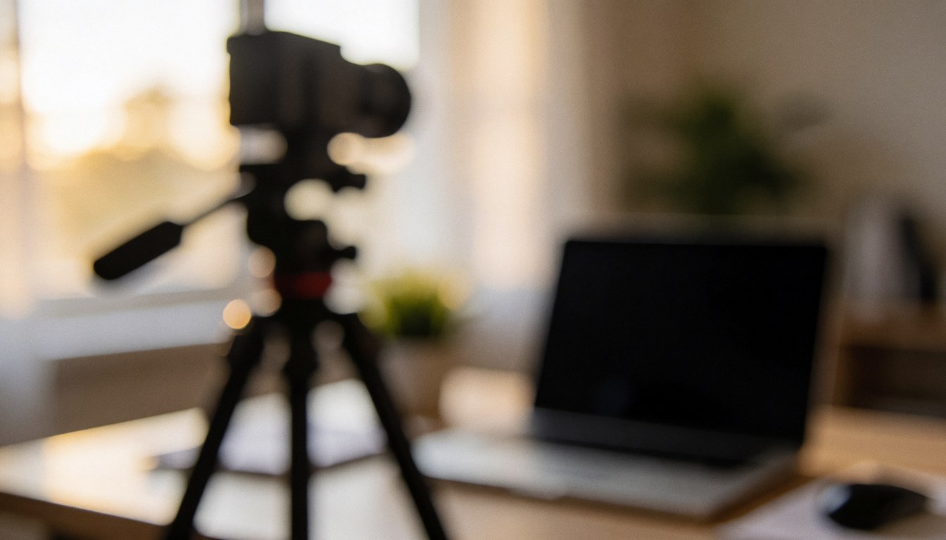 Tripod and laptop on a wooden desk in an office with warm window light, providing a calm background for text.