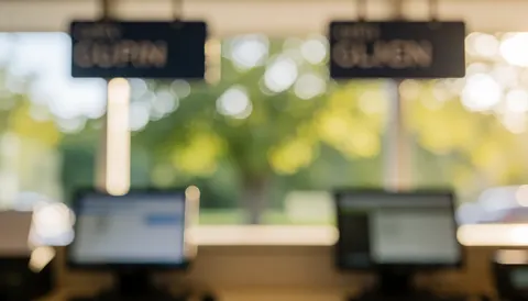 Blurred check-in background with screens and signs, green foliage in bokeh, ideal for commercial text overlays