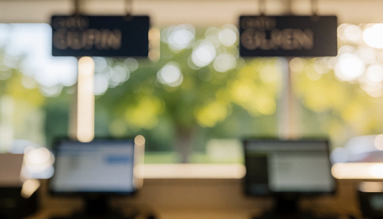 Blurred check-in background with screens and signs, green foliage in bokeh, ideal for commercial text overlays