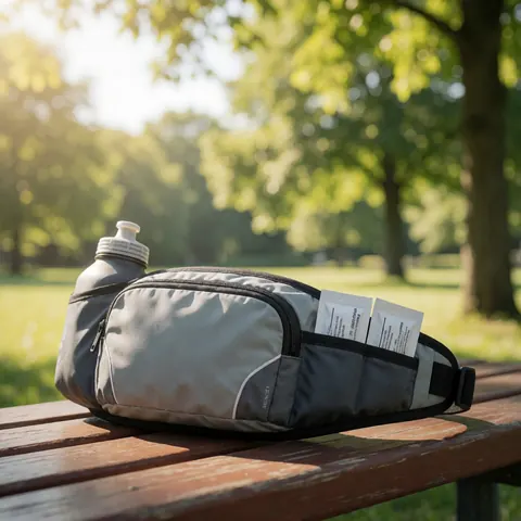 Hydration belt with bottle and gel on park bench, natural light, blurred trees background