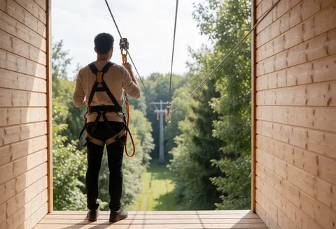 Person wearing safety harness on wooden platform preparing to zipline over forest with visible cables and posts under natural light