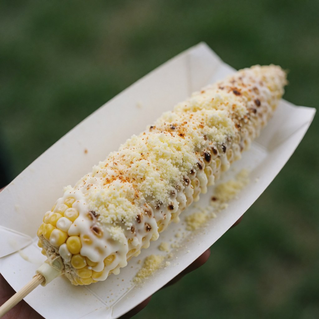 Grilled corn topped with white mayonnaise, shredded cheese, and spices, resting on white paper against a green background.