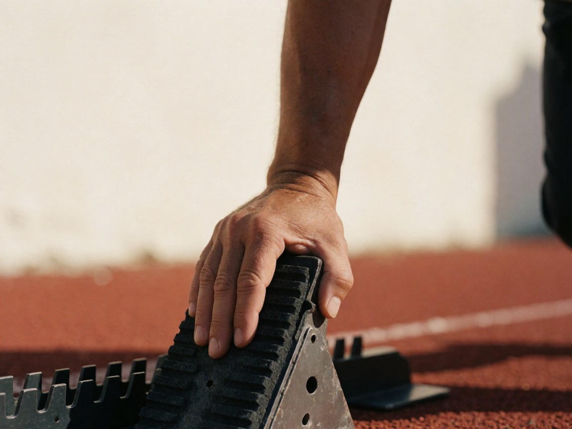 Close-up of a hand firmly gripping a black starting block on a red running track under bright sunlight.