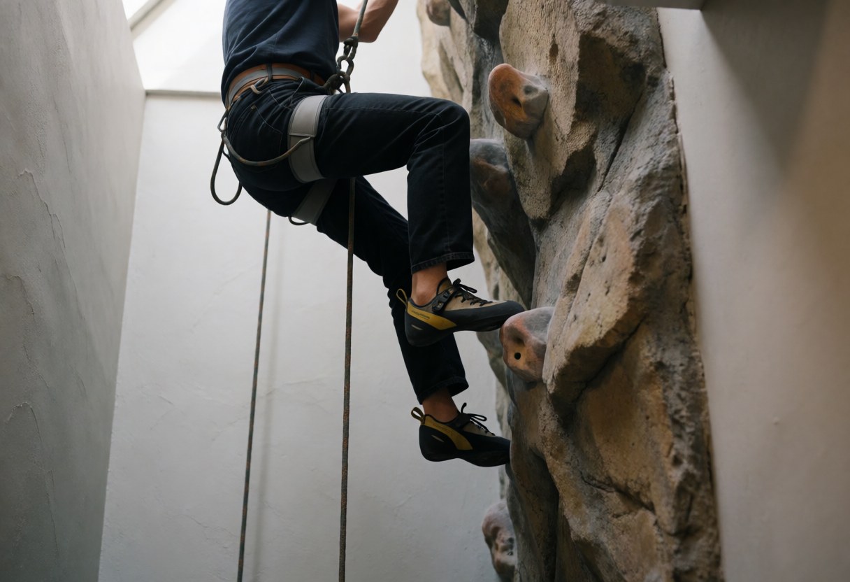 Person scaling an artificial rock wall with climbing gear, ropes, and harness under natural light in an adventure park setting