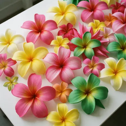 Bright pink, yellow, and green tropical flowers arranged on a white surface, suitable for theme park decoration.