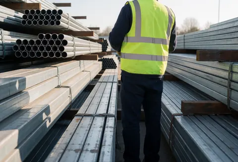 Construction worker in a reflective vest organizing steel beams in an outdoor storage yard under natural light.