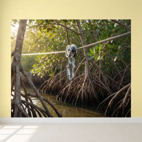 Zipline cable with a metal carabiner hanging between mangrove roots over a water channel in an adventure park setting.
