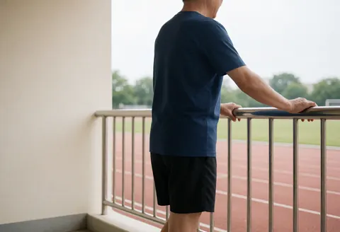 Track and field coach stretching leg against a metal hurdle on the track with lanes and cloudy sky in the background