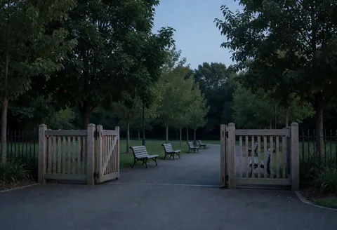 Open wooden gate leading to empty paths and benches in a tranquil adventure park at dusk with dark sky and trees