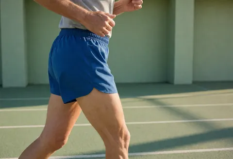 An athlete runs on a track wearing blue shorts and a gray shirt during sunset, showing motion and determination.