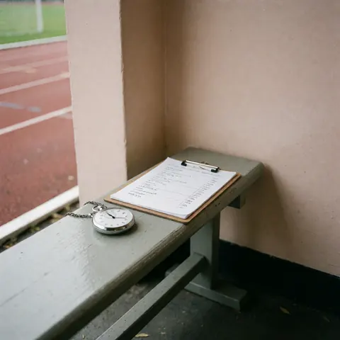Pocket stopwatch and training notes notebook on a wooden bench in an athletic area with a track visible in the background under diffused light