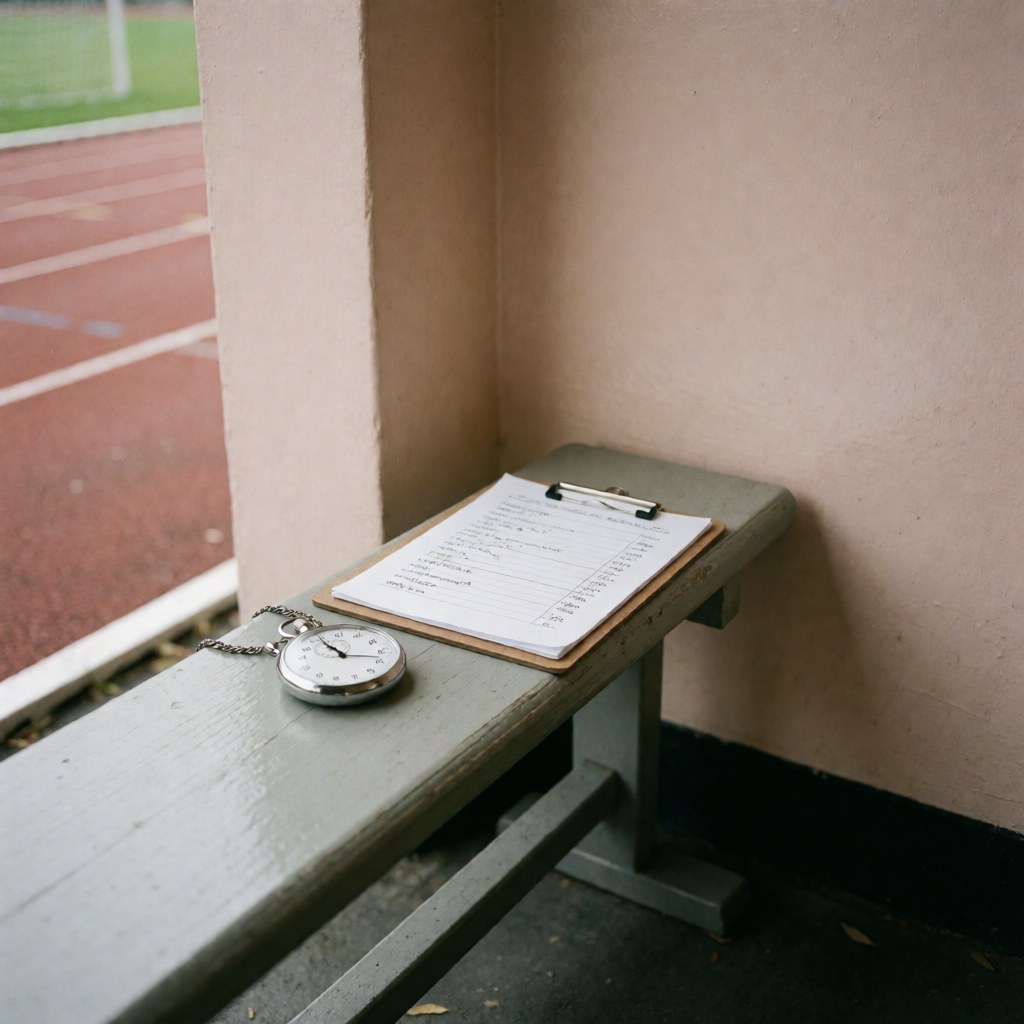 Pocket stopwatch and training notes notebook on a wooden bench in an athletic area with a track visible in the background under diffused light