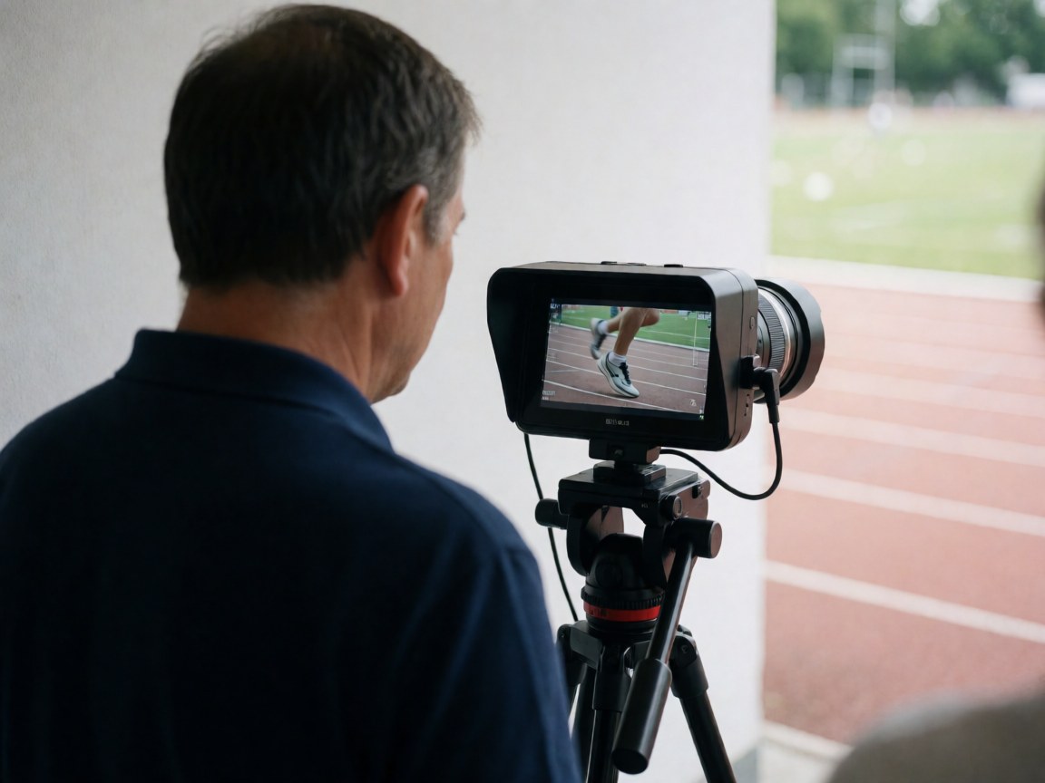 Track coach observes a runner's technique on the field via a video monitor with a blurred background of the track and grass