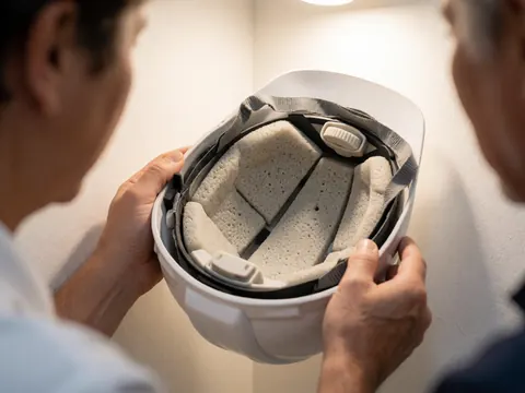 Close-up of the interior of a white safety helmet showing porous foam and adjustment mechanism held by hands