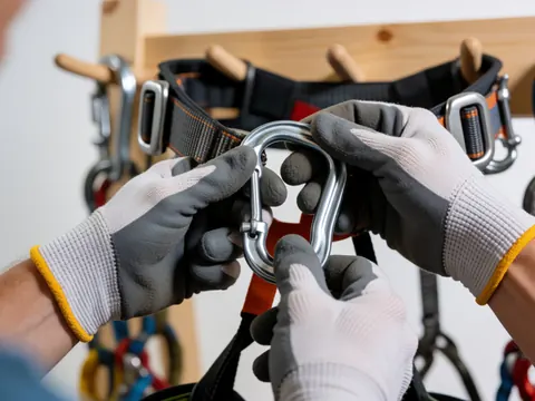 Gloved hands fastening metal carabiners onto a climbing harness with safety gear visible in the blurred background