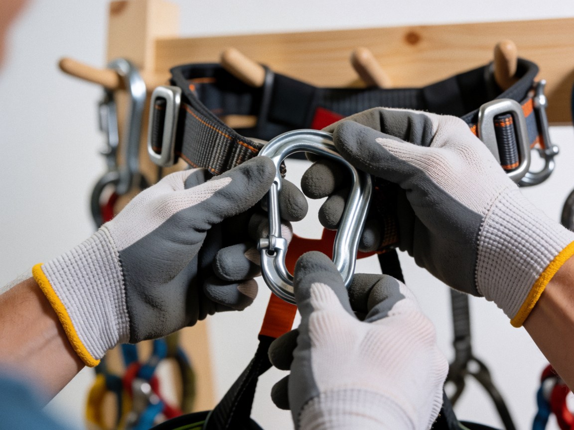Gloved hands fastening metal carabiners onto a climbing harness with safety gear visible in the blurred background