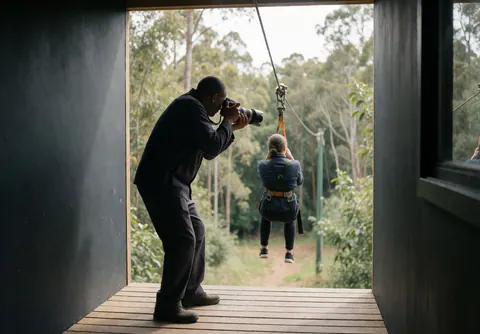 Professional photographer on a wooden platform taking a picture of a client on a zipline against a natural forest background in daylight.