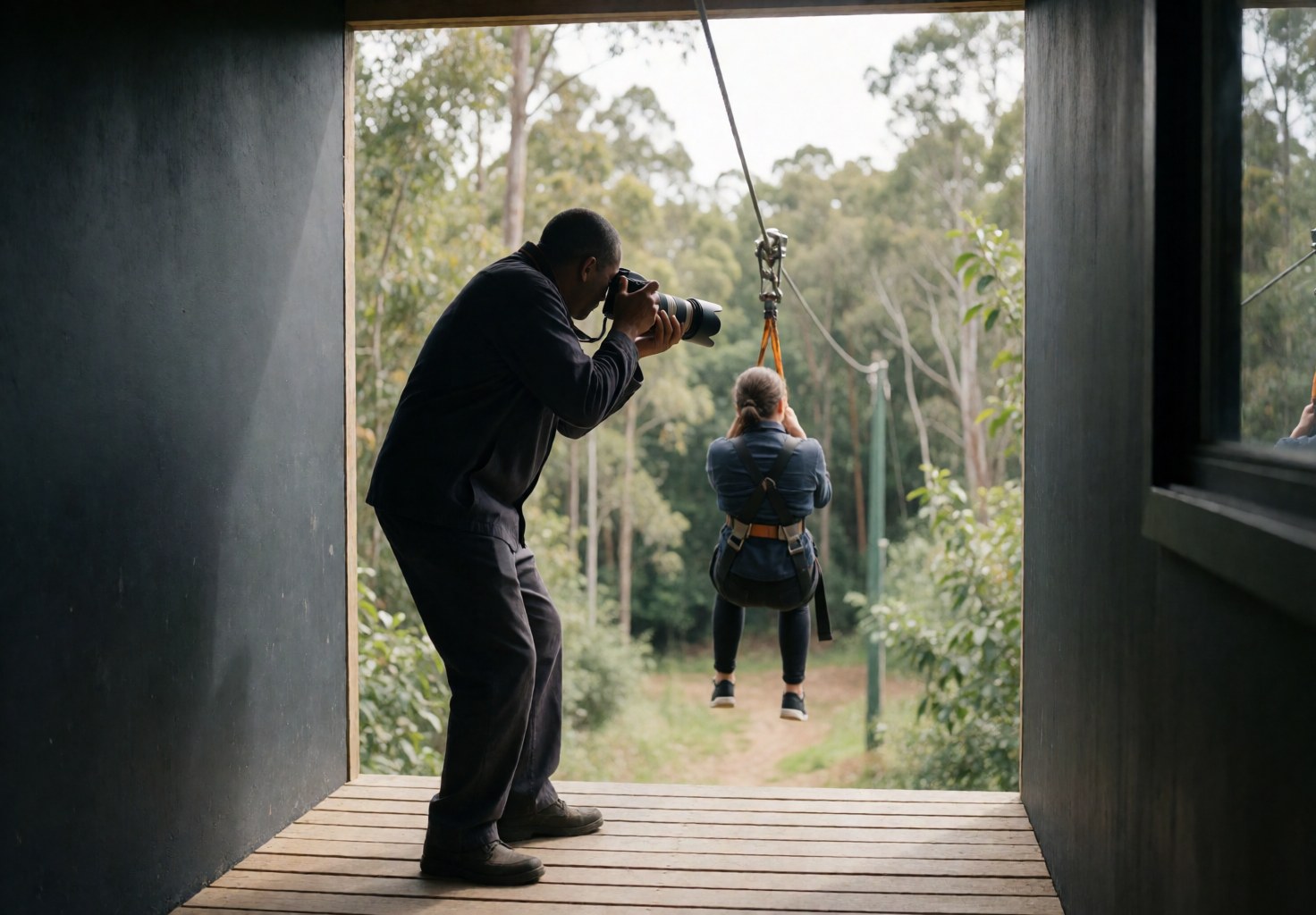 Professional photographer on a wooden platform taking a picture of a client on a zipline against a natural forest background in daylight.