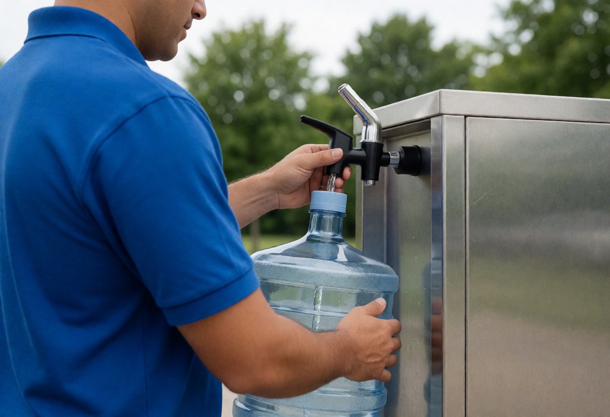Staff member refilling a large water container using a stainless steel dispenser in an outdoor camping setting.
