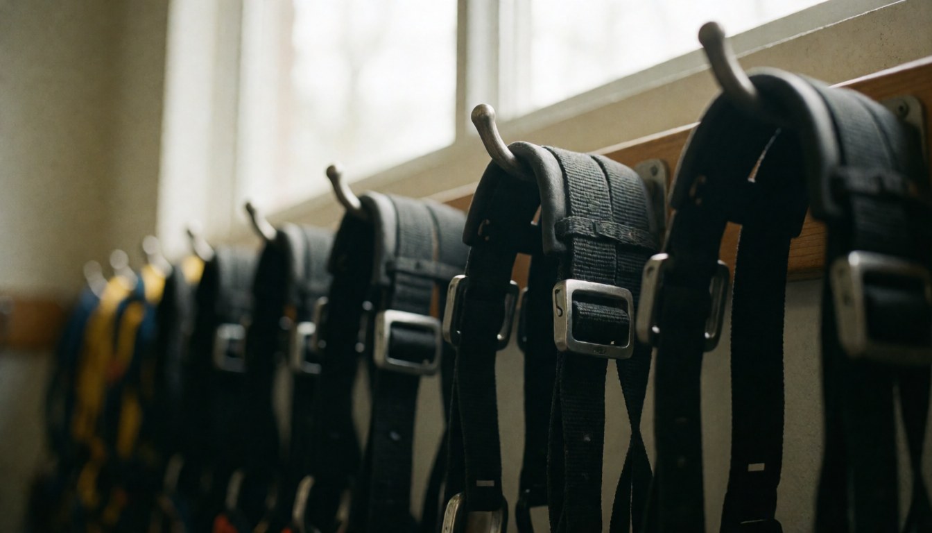 Black safety belts with metal buckles hanging in a row from hooks, natural light filtering through a window, blurred background, ideal for safety text.