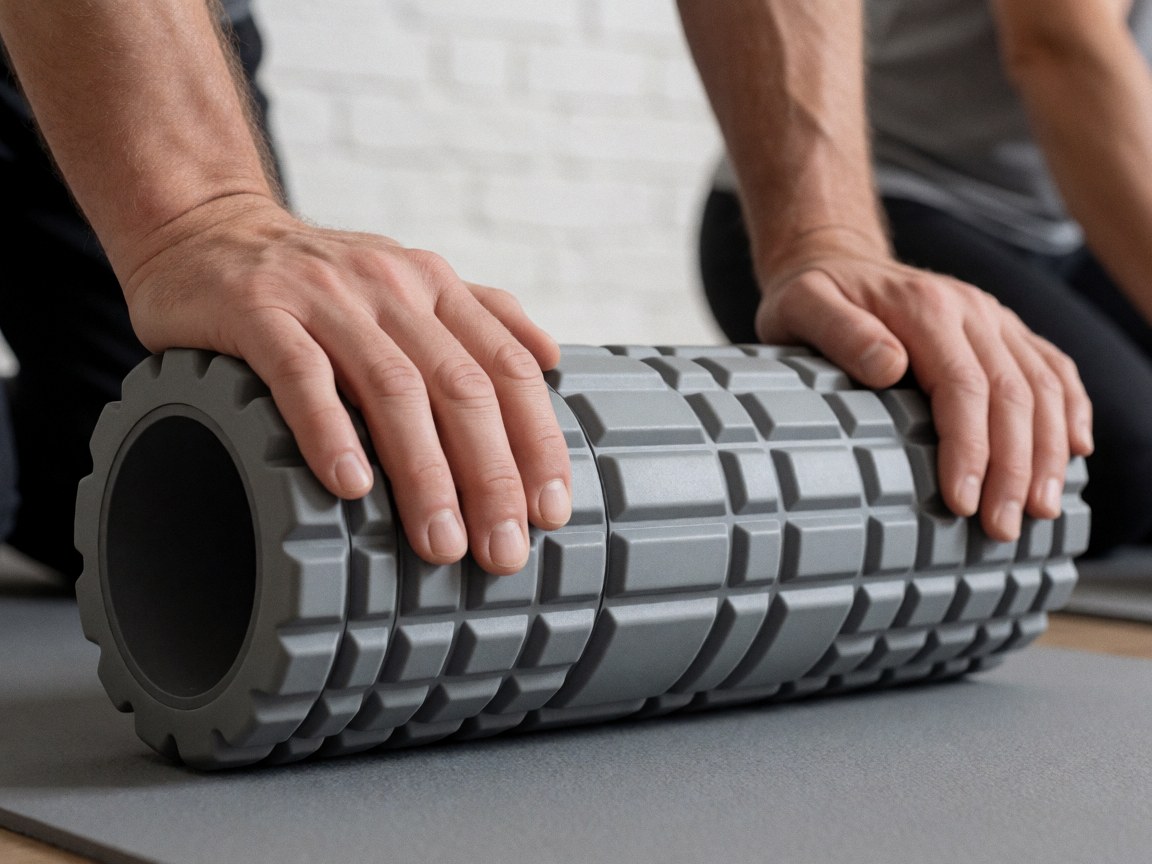 Gray textured foam roller on a mat in a gym with a white brick wall background