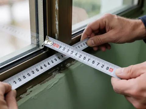 Close-up of installer hands using a metal ruler to measure a window frame against a sage green wall