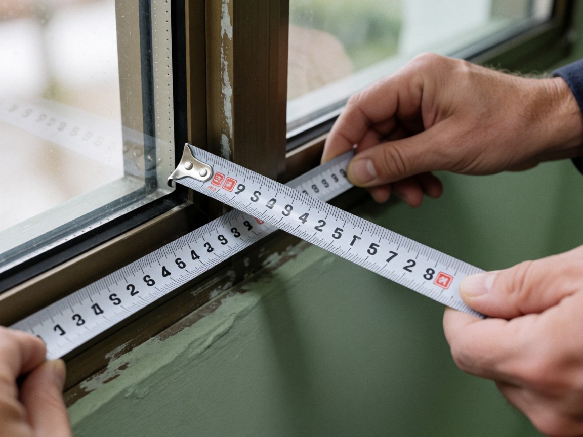 Close-up of installer hands using a metal ruler to measure a window frame against a sage green wall