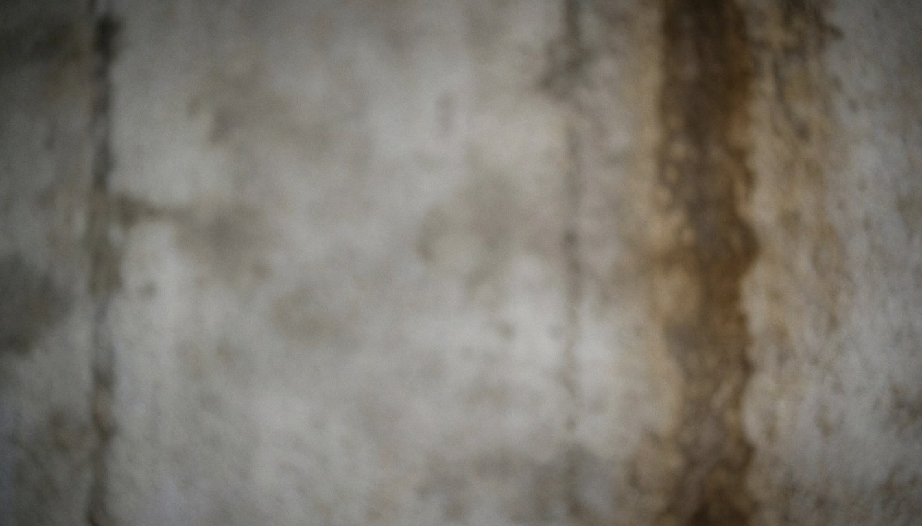 Close-up of a gray and brown concrete wall showing damp patches and texture, suitable as a background for waterproofing service text.