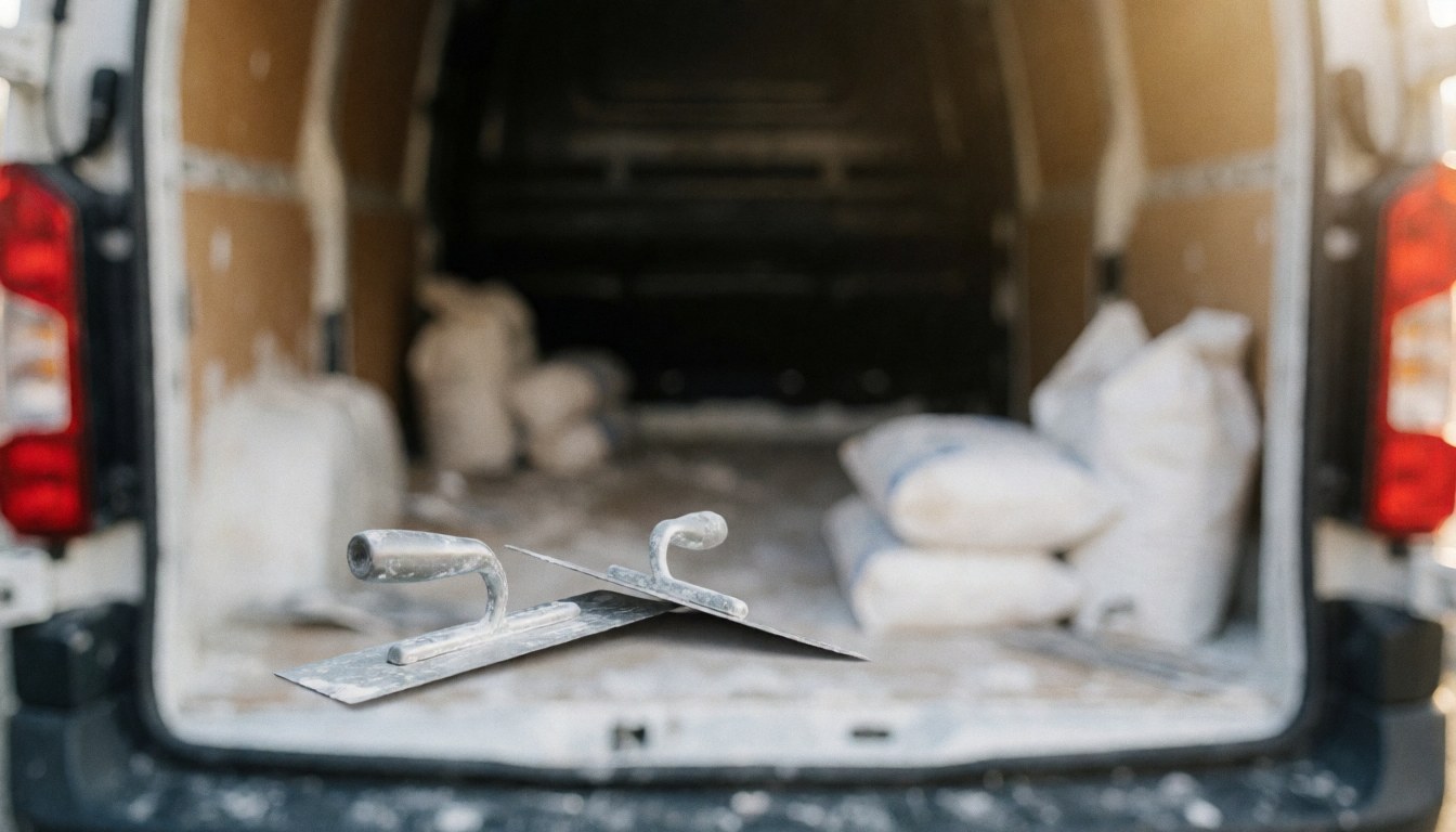 Open pickup truck bed with plaster bags and finishing tools, ideal for commercial text, warm light and soft bokeh.
