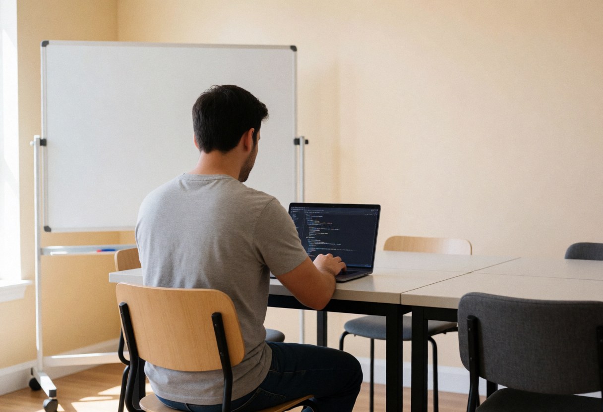 Adult man programming on a laptop at a shared desk with a rolling whiteboard in a bright office.