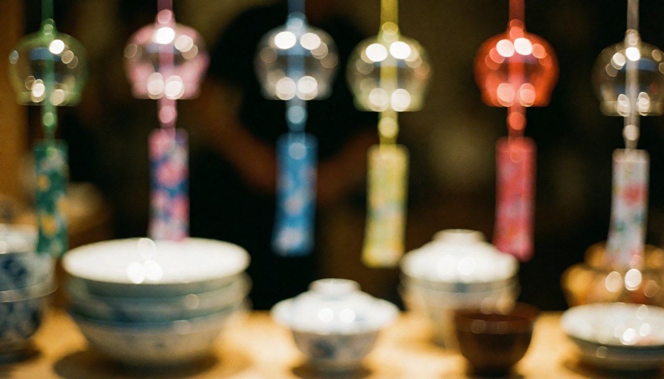 Glass chimes hanging above stacked bowls in a glassblowing workshop with warm lighting and soft blur for text background