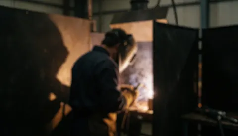 Welder in industrial workshop with protective gear, dark blurred background, warm professional lighting for text