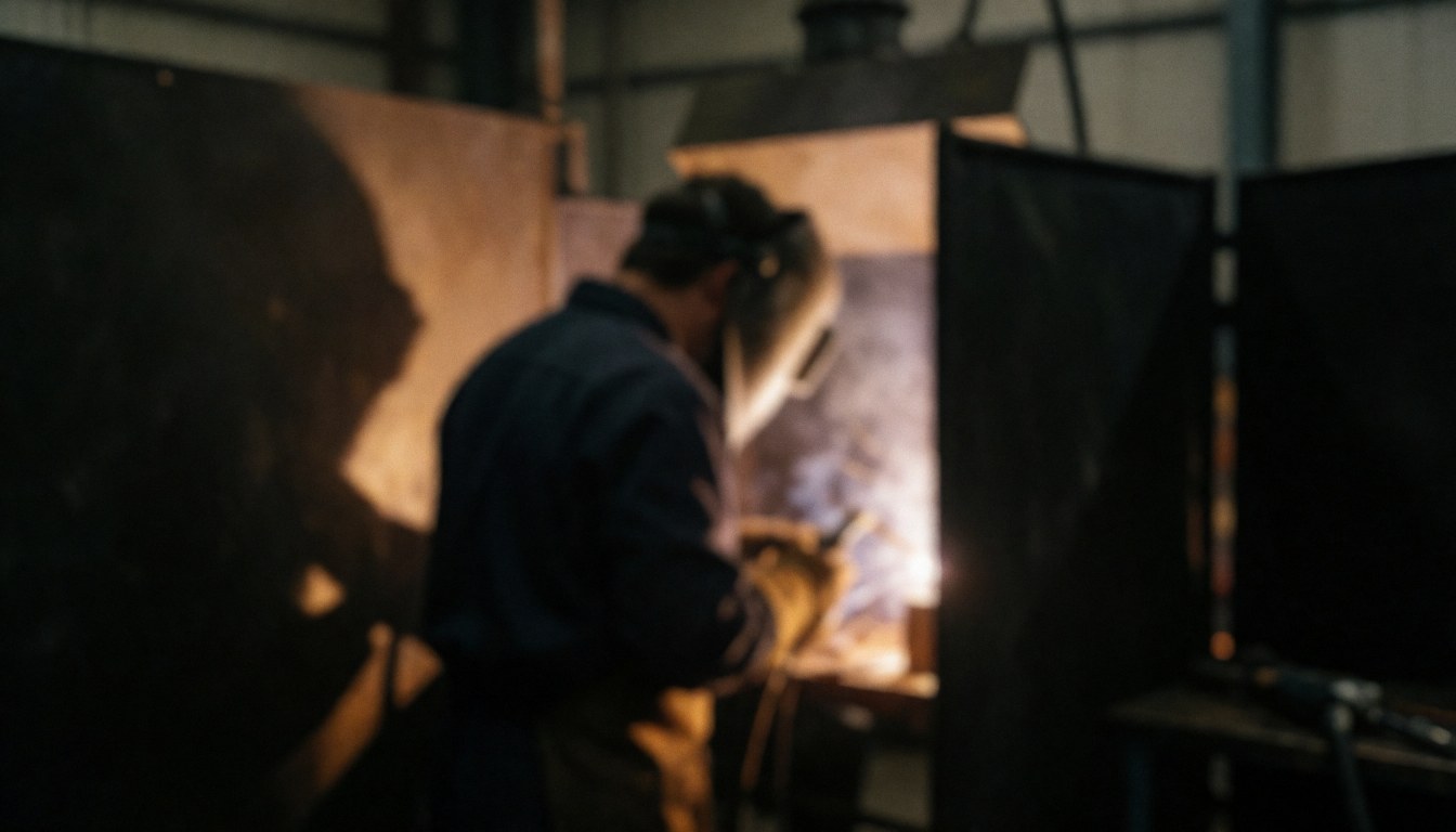 Welder in industrial workshop with protective gear, dark blurred background, warm professional lighting for text