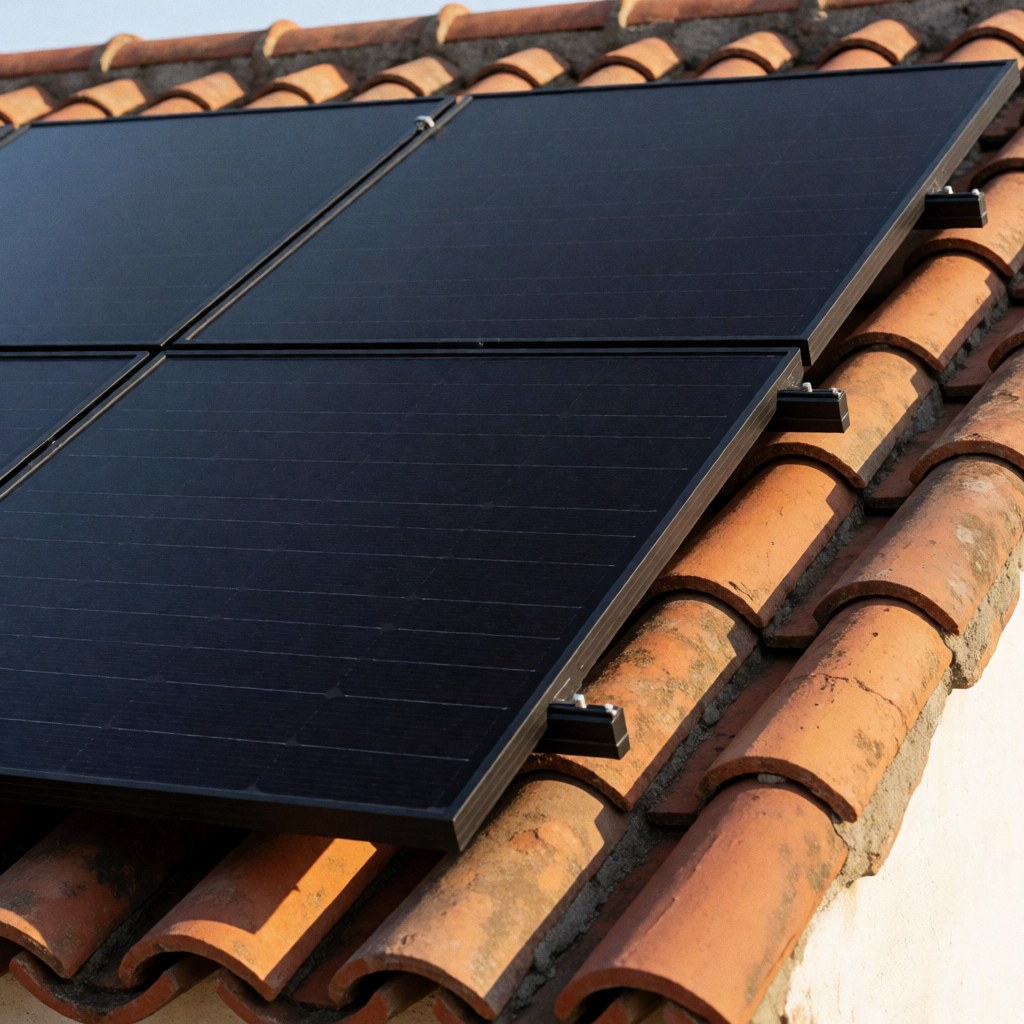 Close-up of a black solar panel securely mounted on a curved terracotta tile roof under bright sunlight, highlighting ceramic texture and repair context.