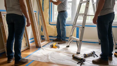 Workers installing an insulated window in a room with tools, ladder, and blue tape on the floor