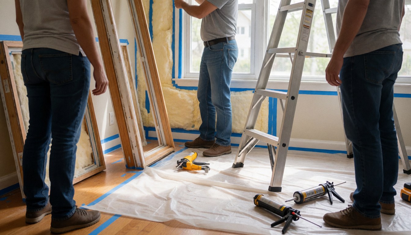 Workers installing an insulated window in a room with tools, ladder, and blue tape on the floor