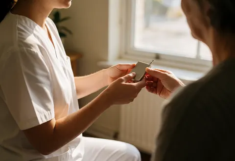 A hypnotherapist in a white uniform hands an audio device to a patient during a consultation in a naturally lit room.