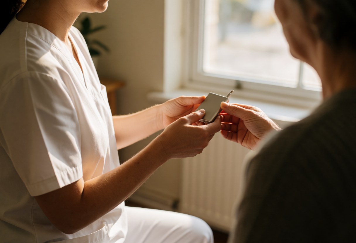 A hypnotherapist in a white uniform hands an audio device to a patient during a consultation in a naturally lit room.
